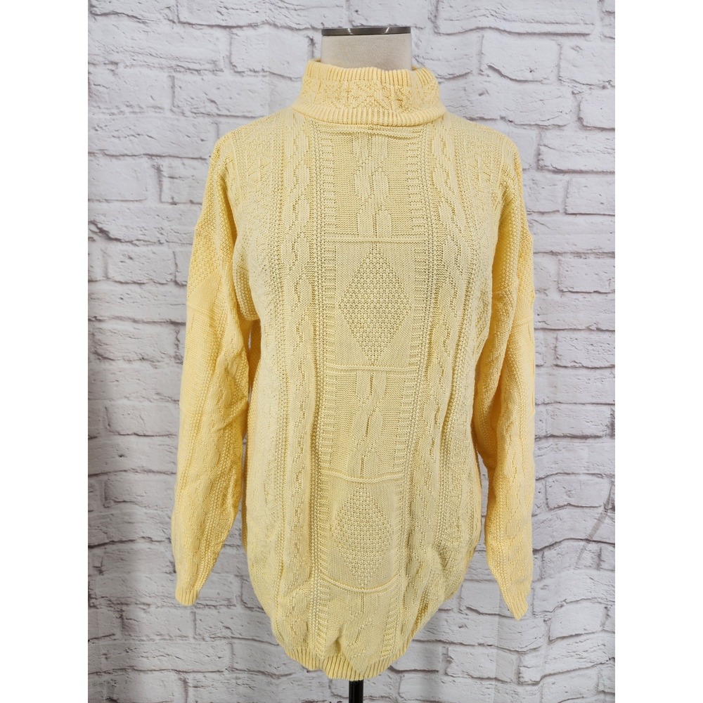 Womens Vintage Butter Yellow Sweater 3-D Knit Textured Mock Neck Cozy Medium